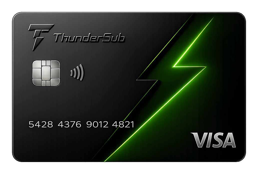 ThunderSub virtual Visa card, black with a green lightning motif